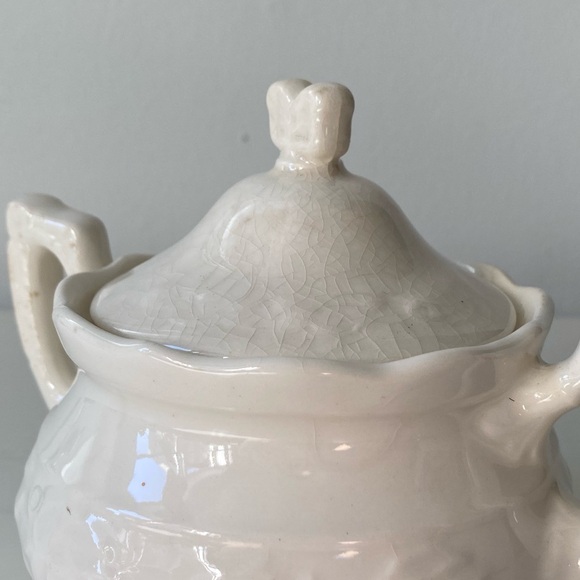 Vintage French white Porcelain Ironstone Sugar Bowl Double Handles Crackle Glaze - Picture 3 of 12